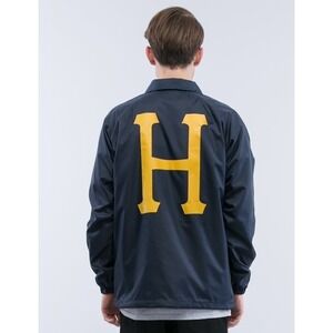 HUF Mens Navy Blue Coaches Jacket Yellow H Logo Star Graphic Snap Front Large